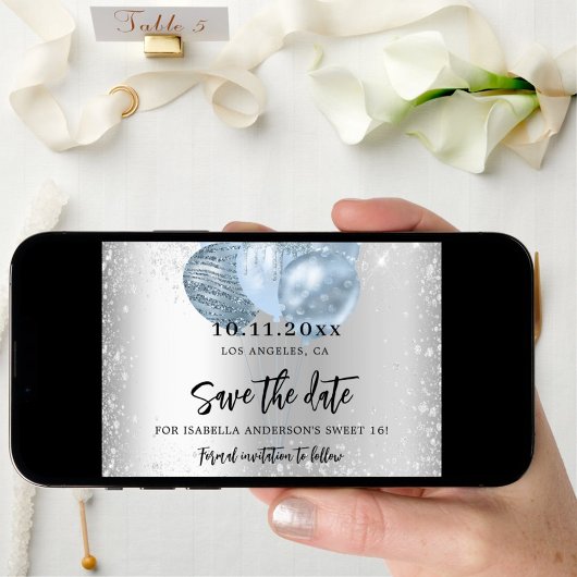 Sweet 16 silberblaue Ballons Glitzern-Drehbuch Save The Date