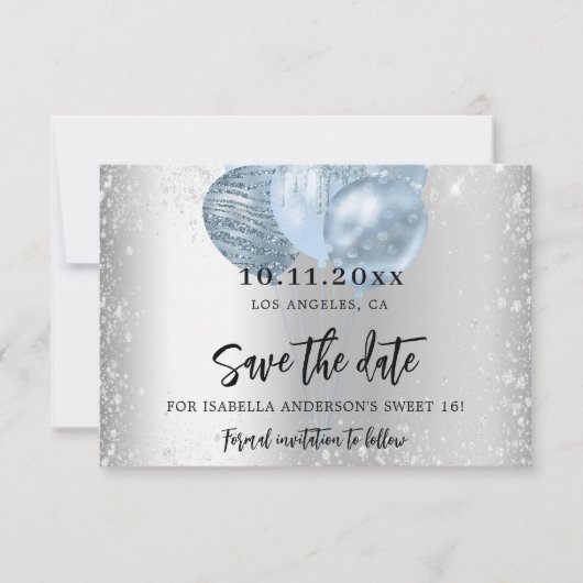 Sweet 16 silberblaue Ballons Glitzern-Drehbuch Save The Date (Vorderseite)
