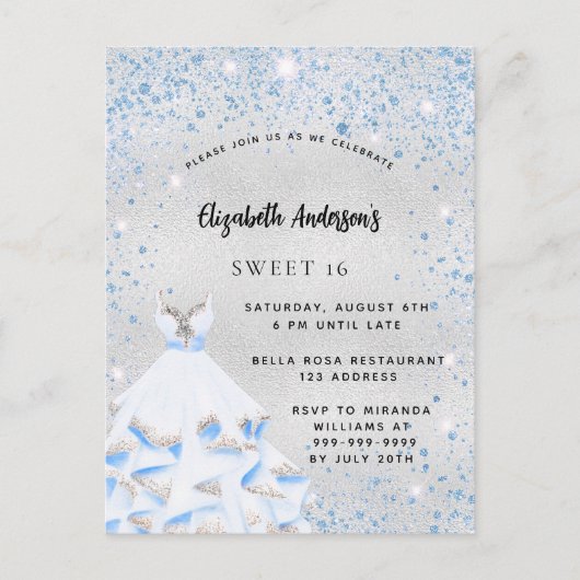 Sweet 16 silberblaue Glitzern Party Einladungspostkarte (Vorderseite)