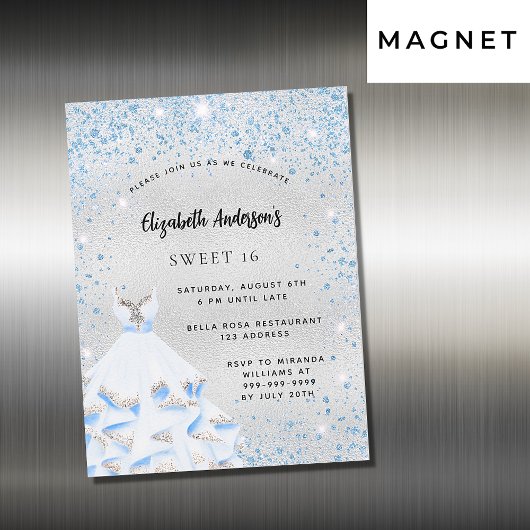 Sweet 16 silberblaue Glitzern Party Luxus Magneteinladung