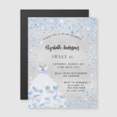 Sweet 16 silberblaue Glitzern Party Luxus Magneteinladung (Vorne/Hinten)