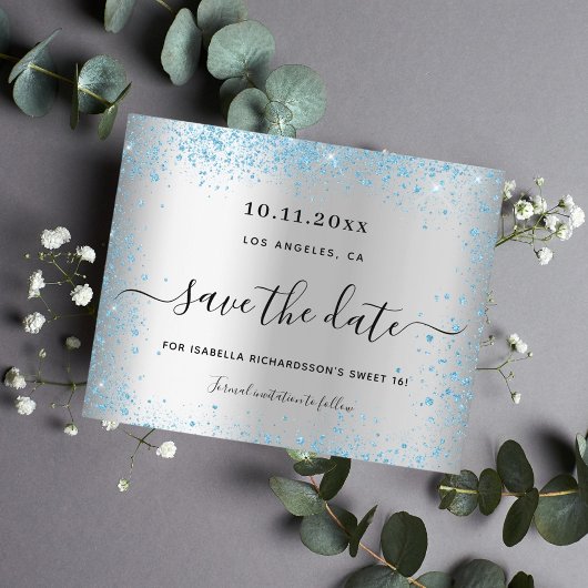 Sweet 16 silberblaue Save the Date-Karte