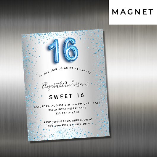 Sweet 16 silberblauer Glitzer Einladungsmagnet Magnetkarte