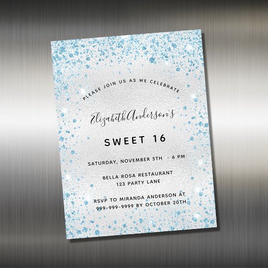 Sweet 16 silberblauer Glitzer Einladungsmagnet Magnetkarte