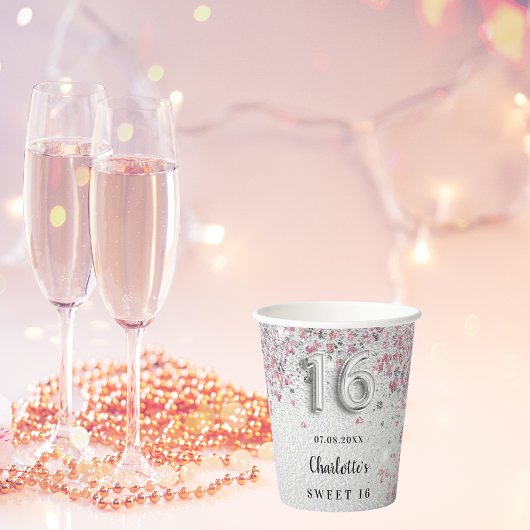 Sweet 16 silberfarbene Glitzer Glitzern Party Pappbecher