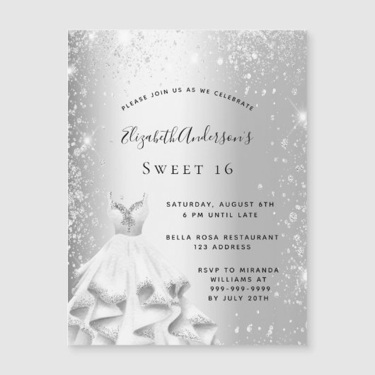 Sweet 16 Silberkleid Glitzer Luxus Einladung (Vorderseite)