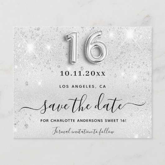 Sweet 16 silberne Glitzer Glitzern Save the Date Flyer (Vorne)