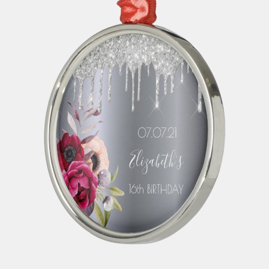 Sweet 16 silberne Glitzer Tropfen blumenburgund Ornament Aus Metall (Links)