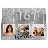 Sweet 16 silberne Glitzer Tropfen Foto Monogramm 1 Große Geschenktüte (Vorderseite)