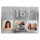 Sweet 16 silberne Glitzer Tropfen Foto Monogramm 1 Große Geschenktüte (Rückseite)