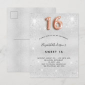 Sweet 16 silberne Rose Gold Glitzer Einladungspostkarte (Vorne/Hinten)