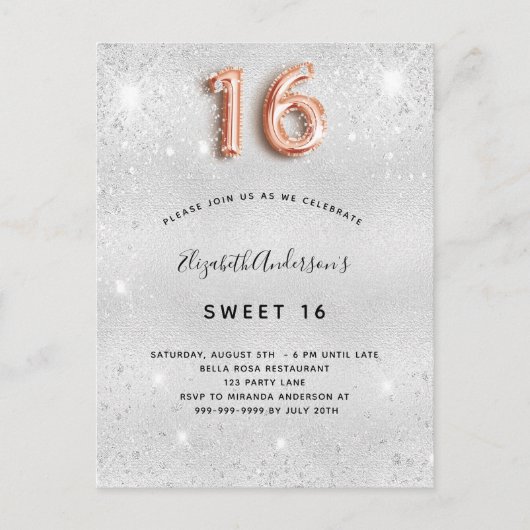 Sweet 16 silberne Rose Gold Glitzer Einladungspostkarte (Vorderseite)