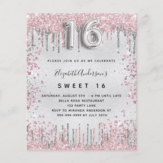 Sweet 16 silberrosa Glitzer Einladung Flyer (Vorne)