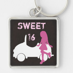 Sweet 16 Silhouette Girl and Car Pink and Brown Schlüsselanhänger