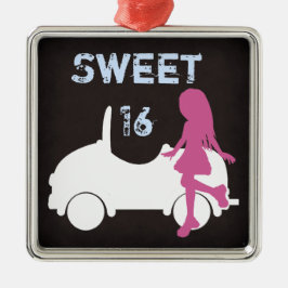 Sweet 16 Silhouette Girl and Car ~ Rosa und Blau Silbernes Ornament