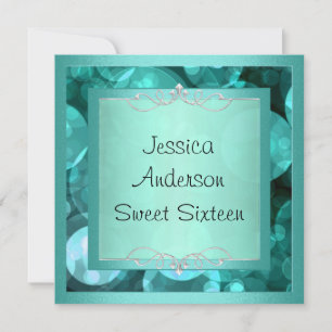 Sweet 16 Silver Aquamarin Bubbles Metal Frame Part Einladung