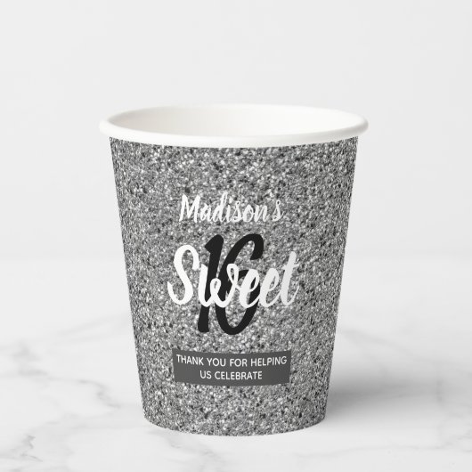 Sweet 16 Silver Black Glitzer Personalisiert Pappbecher (Vorderseite)