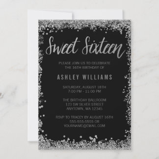 Sweet 16 Silver Black Imitats Glitzer Geburtstag Einladung
