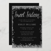 Sweet 16 Silver Black Imitats Glitzer Geburtstag Einladung (Vorne/Hinten)