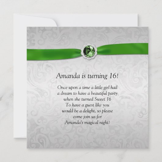 Sweet 16 Silver Emerald Green Ribbon Gemstone Einladung (Vorderseite)
