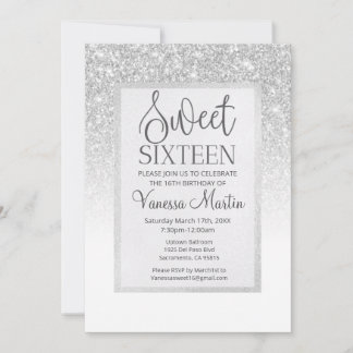 Sweet 16 Silver Glitzer Glamour Party Einladung