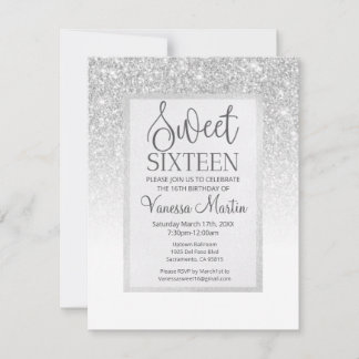 Sweet 16 Silver Glitzer Glamour Party Einladung