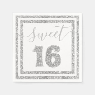 Sweet 16 Silver Imitats Glitzer Stripe Geburtstag Serviette