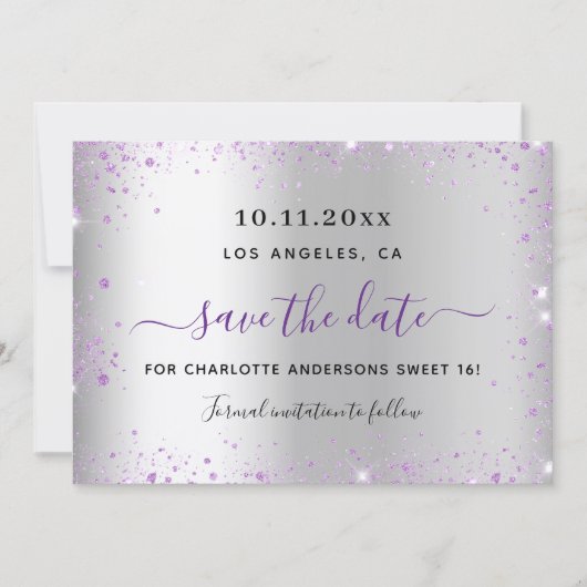 Sweet 16 silver lavender save the date card (Vorderseite)