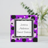 Sweet 16 Silver Lila Schwarz-weißen Rahmen Einladung (Stehend Vorderseite)