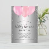 Sweet 16 Silver Pink Glitzer Ballons Einladung (Stehend Vorderseite)