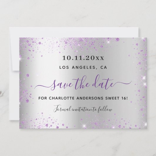 Sweet 16 silver purple save the date (Vorderseite)