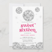 Sweet 16 Silver Retro Disco PINK Glitzer Einladung (Vorderseite)
