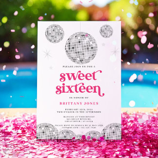 Sweet 16 Silver Retro Disco PINK Glitzer Einladung