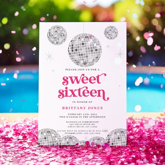 Sweet 16 Silver Retro Disco PINK Glitzer Einladung