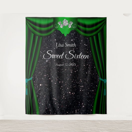 Sweet 16 Silver Rose Green Vorhang Schwarzer Glitz Wandteppich (Vorderseite)