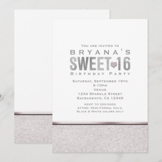SWEET 16 Silver Sparkle Glam Party Einladungen (Vorne/Hinten)