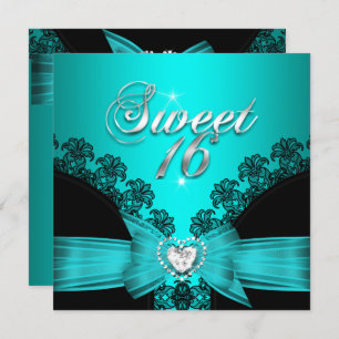 Sweet 16 Sixteen Aqua Blue Black Lace Einladung