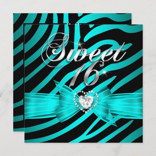 Sweet 16 Sixteen Aqua Blue Black Zebra 2 Einladung (Vorne/Hinten)