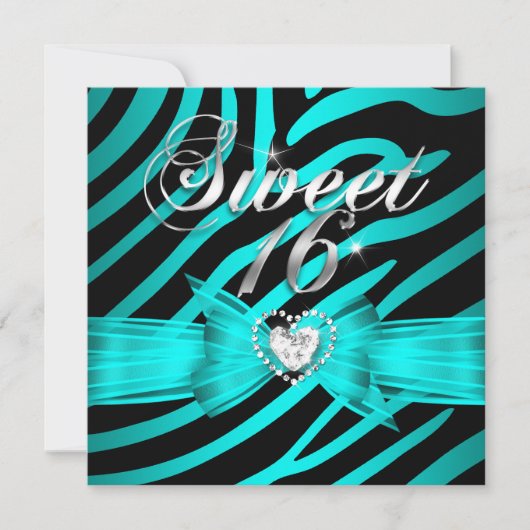 Sweet 16 Sixteen Aqua Blue Black Zebra 2 Einladung (Vorderseite)