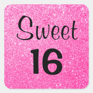 Sweet 16 Sixteen Black & Hot Pink Glitzer Sparkle Quadratischer Aufkleber