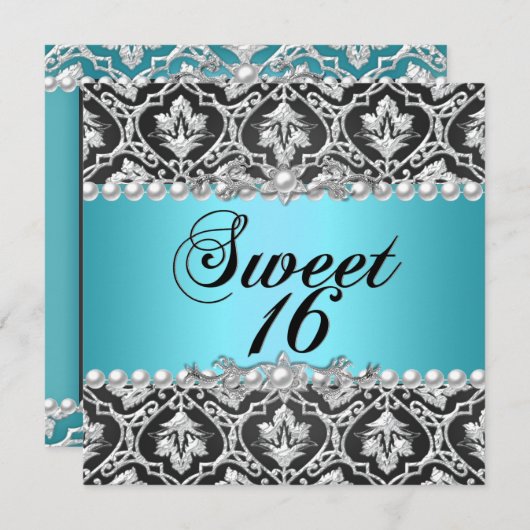 Sweet 16 Sixteen Blue Aquamarin Aqua Black Silver Einladung (Vorne/Hinten)