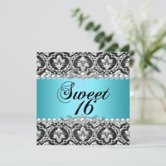 Sweet 16 Sixteen Blue Aquamarin Aqua Black Silver Einladung (Stehend Vorderseite)