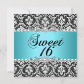 Sweet 16 Sixteen Blue Aquamarin Aqua Black Silver Einladung (Vorderseite)