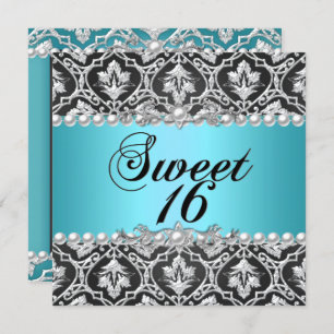 Sweet 16 Sixteen Blue Aquamarin Aqua Black Silver Einladung