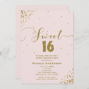 SWEET 16 Sixteen Blush Pink & Gold Confetti Corner Einladung