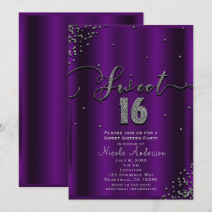 SWEET 16 Sixteen Lila und Silber Konfetti Ecken Einladung