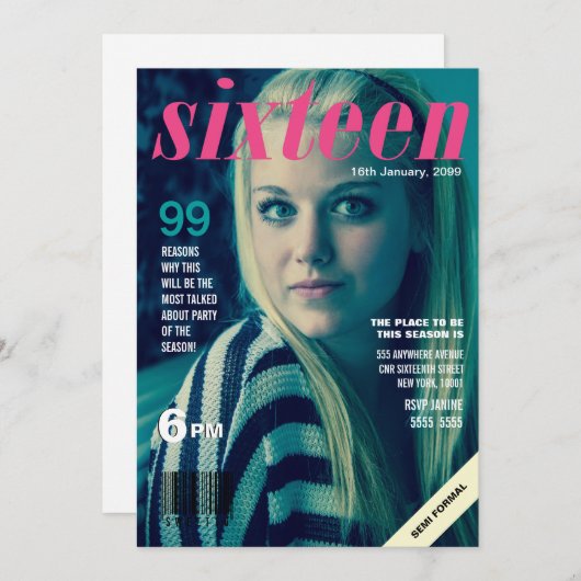 Sweet 16 Sixteen Magazine Cover Foto Einladung (Vorne/Hinten)