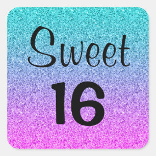 Sweet 16 Sixteen Ombre Pink Blue Lila Glitzer Quadratischer Aufkleber