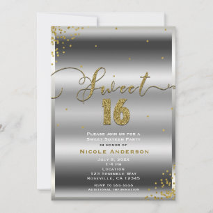 SWEET 16 Sixteen Silber- und Goldkonfetti-Ecken Einladung