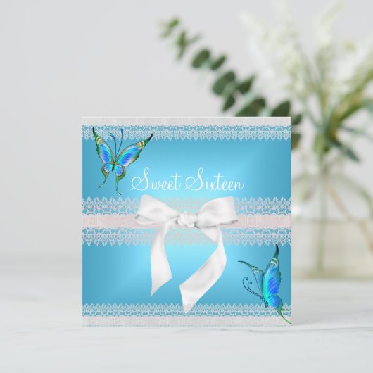 Sweet 16 Sixteen White Lace Aquamarin Blue Butterf Einladung (Stehend Vorderseite)